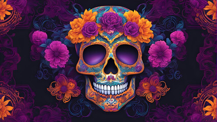Day of the Dead. Sugar skull with colorful flowers. 3D illustration. 