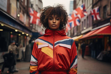 Obraz premium Young black woman with afro hairstyle and 80s style clothes, street portrait