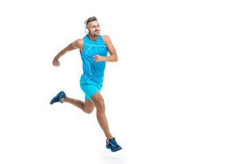 The jogger ran at sport training isolated on white, banner. In a morning sport workout jogger run in studio. The jogger stretched legs before running. sport jogger listen to music in headphones
