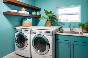 A Cheerful and Cozy Coastal Laundry Room: Vibrant Colors, Natural Materials, and Refreshing Decor Create a Colorful Oasis with Beachy Vibes.