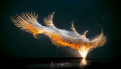 long tailed phoenix made of light particles 3 flying over sea 1 light reflections on the sea surface super detailed hyper realistic Shot on IMAX 70mm 22 Megapixels ar 169 s 16000 q 2 no reds  - obrazy, fototapety, plakaty