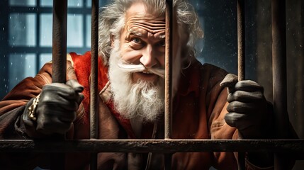 A poignant image of Santa Claus behind bars, evoking a sense of loss and highlighting the inability to spread holiday cheer and gifts this Christmas. Generative AI. - obrazy, fototapety, plakaty