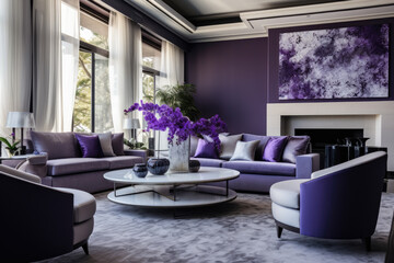 Immerse in the Vibrant Purple Hues of a Cozy, Stylish, and Minimalistic Modern Living Room Interior, Enhanced by Orchid Colors, Sleek Lighting, and Natural Light, Creating an Ambiance of Elegance