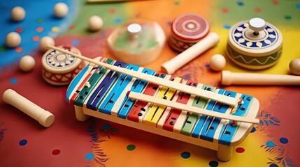 Charming illustration of musical instruments tailored for kindergarten children, fostering their love for music and creativity from a young age. Generative AI.