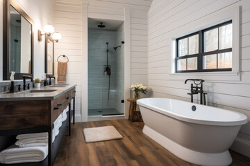 Creating a Serene and Charming Farmhouse-inspired Bathroom Retreat with Rustic Accents, Shiplap Walls, and Vintage Mirrors for a Modern yet Cozy and Relaxing Ambiance.