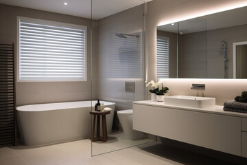 Fototapeta na wymiar An Elegant and Serene Bathroom Oasis: Stylish Gray Accents, Sleek Furnishings, and Soft Lighting Create a Calming and Functional Space with Contemporary Design and Spacious Storage.