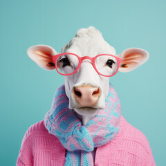 Fashion cow in pink sweater. Trendy bright color