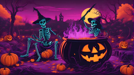 Halloween background with pumpkins. skeleton and witch. Vector illustration. 