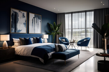 Immerse in Tranquil Indigo Haven: A Stylish and Serene Bedroom Retreat, where Deep Blue Tones and Luxurious Furniture Create a Calming and Elegant Ambiance for Ultimate Relaxation.