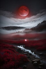 un paisaje rojizo con una luna y una vegetación roja