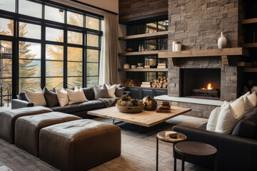 A Warm and Inviting Contemporary Rustic Living Room with Cozy Seating, Natural Light, Modern Furnishings, and Earthy Tones in a Spacious Area.