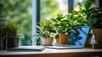 Laptop set on a tidy desk, illuminated by a bright window adorned with refreshing green plants