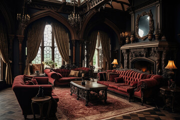 Step into the opulent allure of an elegant and enchanting Gothic-style living room, adorned with intricate details, rich dark tones, dramatic furniture, stained glass, ornate tapestries