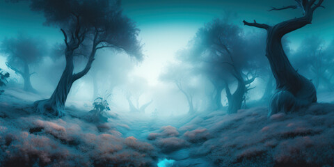 Fabulous autumn forest covered with the first frost in the early foggy morning. AI Generation 