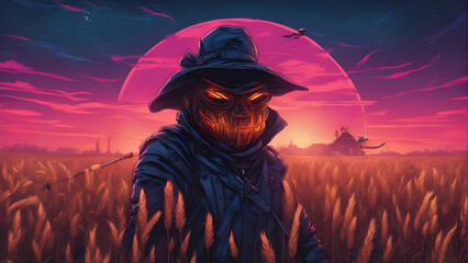 Fantasy illustration of a scarecrow in a wheat field at sunset  - obrazy, fototapety, plakaty