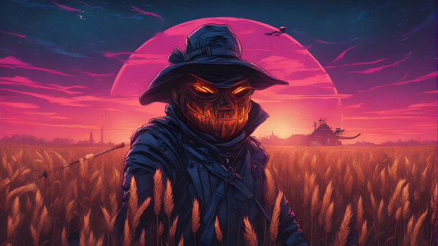 Fantasy illustration of a scarecrow in a wheat field at sunset 