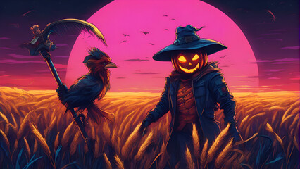 Scarecrow and raven in the cornfield. Halloween illustration. 