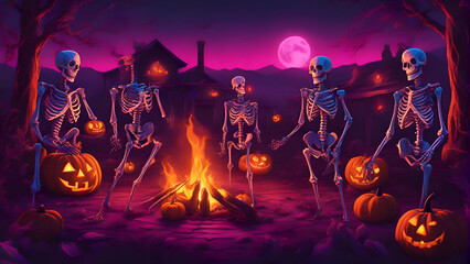 Halloween spooky background with human skeleton and burning fire in night  - obrazy, fototapety, plakaty