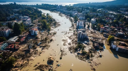 Foto op Plexiglas Catastrophic flood in city. Water flooded, generative AI © Thumbs