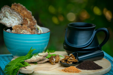 Chaga and Turkey’s tail, Trametes versicolor mushroom. Mushroom coffee chaga superfood. Dried...