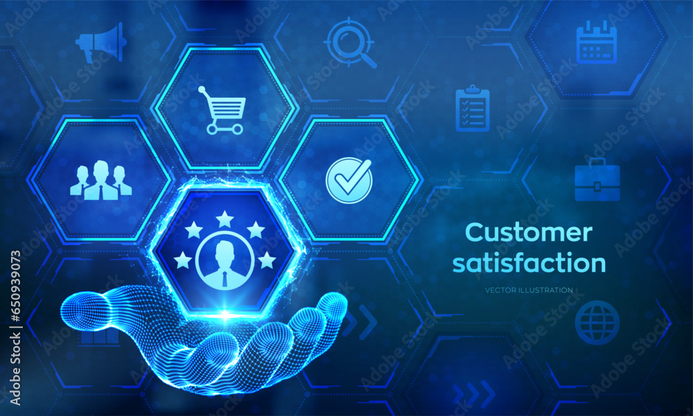 Poster customer satisfaction icon in wireframe hand. customer survey and feedback analytics concept on virt