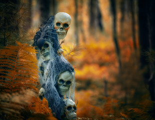  Halloween decorations in a gloomy dark autumn forest. Skull and skeletons in a dark forest.