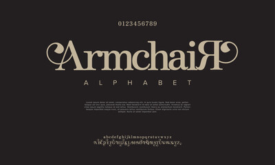 Armchair premium luxury elegant alphabet letters and numbers. Elegant wedding typography classic serif font decorative vintage retro. Creative vector illustration