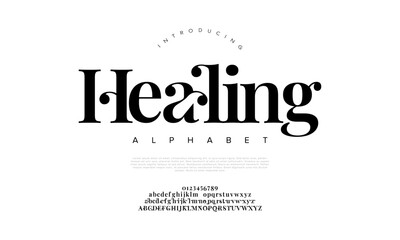 Healing premium luxury elegant alphabet letters and numbers. Elegant wedding typography classic serif font decorative vintage retro. Creative vector illustration