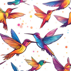 Seamless pattern with colorful hummingbirds. Hand drawn vector illustration. 