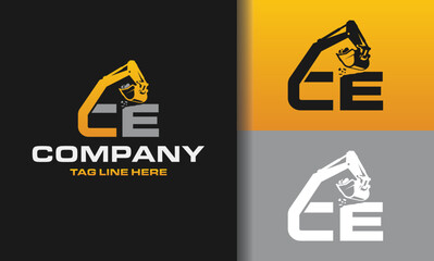 Letter CE excavator logo template vector. Heavy equipment logo vector for construction company. Creative excavator illustration for logo template.
