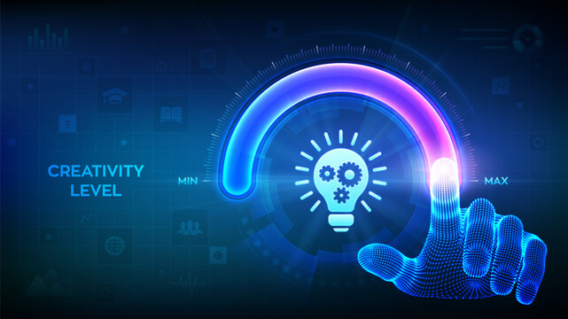 Increasing Creativity. Wireframe hand is pulling up to the maximum position circle progress bar with the creativity icon. Innovative and Solution. Idea and imagination. Creative mode. Vector.