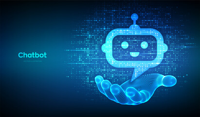 Robot chatbot head icon sign made with binary code in wireframe hand. Chatbot assistant application. Digital binary data and streaming digital code. Background with digits 1.0. Vector Illustration.