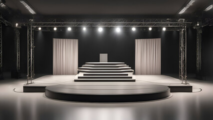 Stage podium with lighting. Stage Podium Scene with for Award Ceremony on black Background. - obrazy, fototapety, plakaty