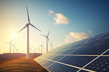 Ecological technology solar panels and wind turbines against clear sky 