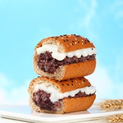 Purple rice filled brioche bread, wheat breakfast, sesame and cream baguette