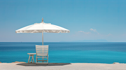 Pair of sun loungers and beach umbrella on a deserted beach; perfect vacation concept