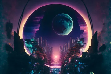 Fotobehang worms eye view of double exposure magnetic resonance ethereal cyberpunk city at night with a full moon an aurora borialis over head 3d rendered High fantasy 8k cgi rendered unreal engine octane  © Joshua