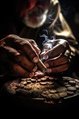 Zelfklevend Fotobehang Man Holding Smoky Cigar © LadyAI