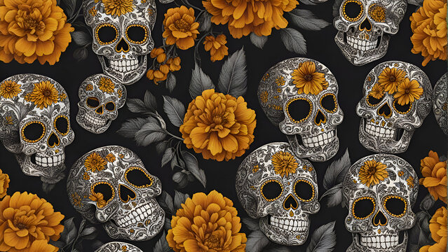 Seamless pattern with sugar skulls and flowers. Day of the Dead. 