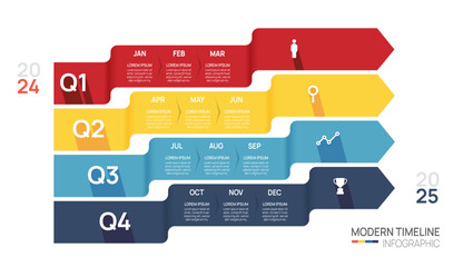 Business road map timeline infographic arrow template. Modern milestone element timeline diagram calendar and 4 quarter topics, vector infographics.