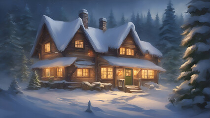 Winter cottage in the mountains. Digital painting. Christmas and New Year background. 