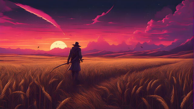 Fantasy illustration of a man in a wheat field at sunset. 