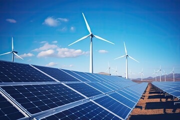 Ecological technology solar panels and wind turbines against clear sky 
