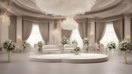 3D render of a luxurious wedding reception with a white sofa and flowers. 
