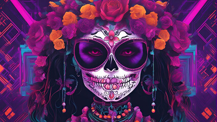 3D illustration of sugar skull with colorful flowers. Day of the Dead. 