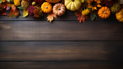 Thanksgiving background with copy space for text, top view on wood background