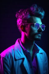 Portrait of a young man in sci-fi futuristic style retrowave, vaporwave, techno, cyberpunk, retro style with colorful neon and pink lights, clubbing dancing concept