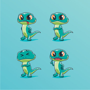 Cute Gecko Lizard Cartoon Character Illustration With Some Expressions | Vector Image