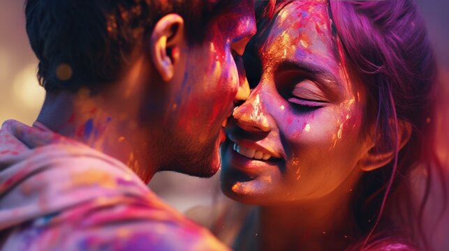 Happy couple puts paint on their faces during Holi celebration. indian holi festival