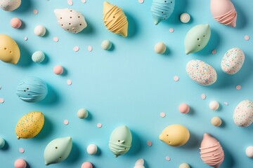 Fototapeta na wymiar Easter celebration concept. Top view photo of ceramic easter bunnies' colorful eggs and sprinkles on isolated pastel blue background with copy space in the, Generative AI 